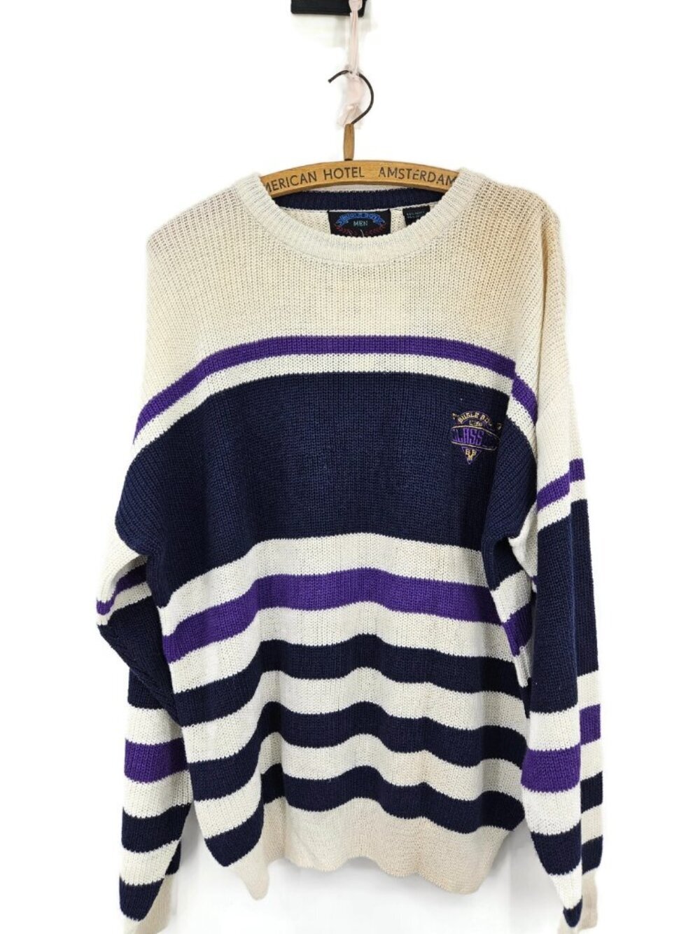 VTG NWT Bugle Boy Knit Sweater Mens L Striped Blue White Purple 90s